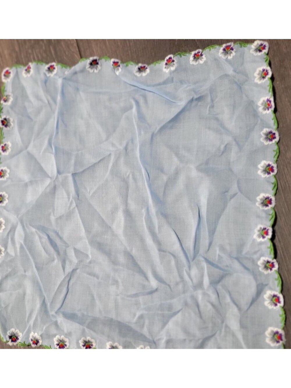 Blue Cotton Hanky Handkerchief Embroidered Multicolor Pansy Border Vintage
